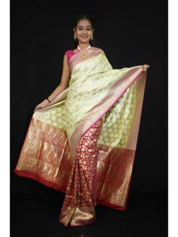 Isadora Life - Womens Woven Zari Green Pre-Draped Saree With Unstitched Blouse