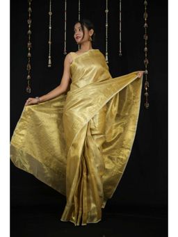 Isadora Life - Womens Woven Zari Yellow Pre-Draped Saree With Unstitched Blouse