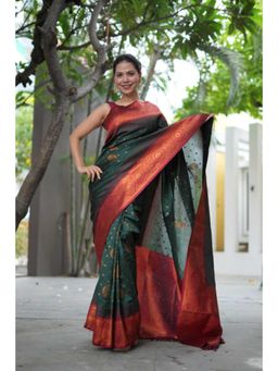 Isadora Life - Womens Woven Tassels Green Pre-Draped Saree With Unstitched Blouse
