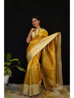 Isadora Life - Womens Woven Zari Yellow Pre-Draped Saree With Unstitched Blouse
