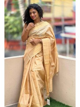 Isadora Life - Womens Woven Zari Beige Pre-Draped Saree With Unstitched Blouse