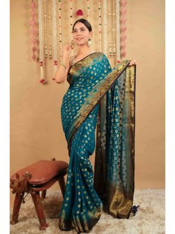Isadora Life - Womens Woven Tassels Blue Pre-Draped Saree With Unstitched Blouse