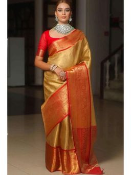 Isadora Life - Womens Woven Zari Gold Pre-Draped Saree With Unstitched Blouse