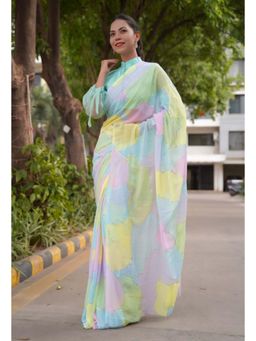 Isadora Life - Womens Printed Multi-Color Pre-Draped Saree With Unstitched Blouse