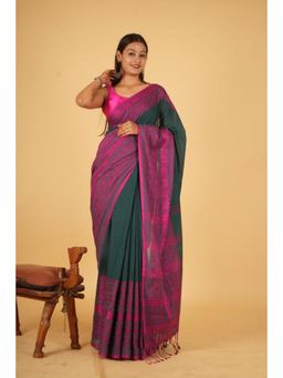 Isadora Life - Womens Printed Tassels Green Pre-Draped Saree With Unstitched Blouse