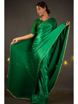 Isadora Life - Womens Solid Lace Work Green Pre-Draped Saree With Unstitched Blouse