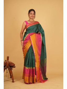 Isadora Life - Womens Printed Stripes Green Pre-Draped Saree With Unstitched Blouse