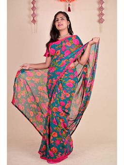 Isadora Life - Womens Floral Sequined Green Pre-Draped Saree With Unstitched Blouse