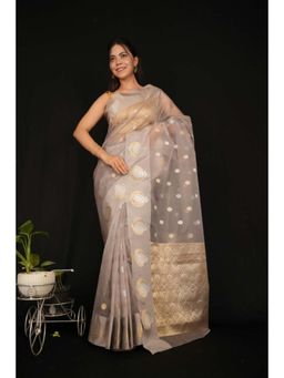 Isadora Life - Womens Woven Zari Beige Pre-Draped Saree With Unstitched Blouse