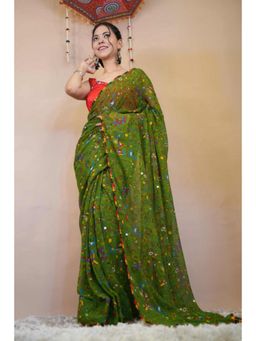 Isadora Life - Womens Printed Tassels Green Pre-Draped Saree With Unstitched Blouse
