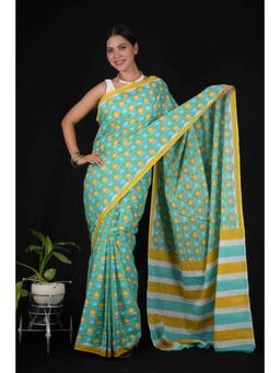 Isadora Life - Womens Printed Blue Pre-Draped Saree With Unstitched Blouse
