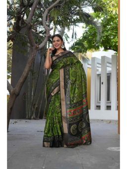 Isadora Life - Womens Printed Green Pre-Draped Saree With Unstitched Blouse