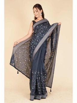 Isadora Life - Womens Embroidered Thread Work Grey Pre-Draped Saree With Unstitched Blouse