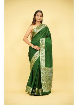 Isadora Life - Womens Woven Zari Green Pre-Draped Saree With Unstitched Blouse