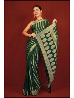 Isadora Life - Womens Woven Tassels Green Pre-Draped Saree With Unstitched Blouse