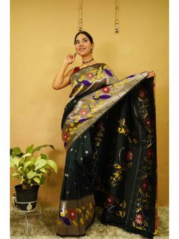 Isadora Life - Womens Floral Woven Green Pre-Draped Saree With Unstitched Blouse