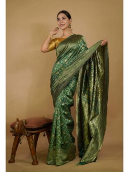 Isadora Life - Womens Woven Zari Green Pre-Draped Saree With Unstitched Blouse