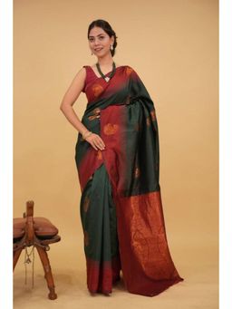 Isadora Life - Womens Paisley Zari Green Pre-Draped Saree With Unstitched Blouse