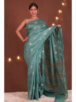Isadora Life - Womens Woven Tassels Blue Pre-Draped Saree With Unstitched Blouse