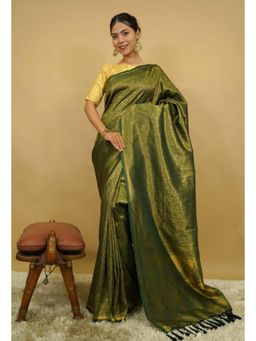 Isadora Life - Womens Paisley Tassels Green Pre-Draped Saree With Unstitched Blouse