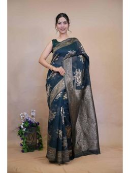 Isadora Life - Womens Woven Zari Blue Pre-Draped Saree With Unstitched Blouse