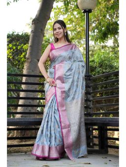 Isadora Life - Womens Woven Zari Blue Pre-Draped Saree With Unstitched Blouse