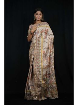 Isadora Life - Womens Printed Off White Pre-Draped Saree With Unstitched Blouse