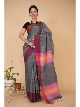 Isadora Life - Womens Woven Tassels Grey Pre-Draped Saree With Unstitched Blouse