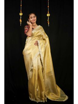 Isadora Life - Womens Sequined Zari Gold Pre-Draped Saree With Unstitched Blouse