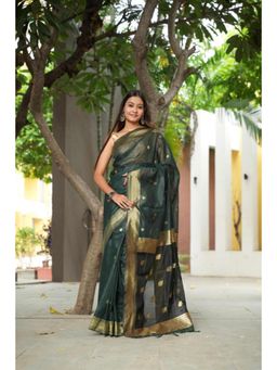Isadora Life - Womens Woven Zari Green Pre-Draped Saree With Unstitched Blouse