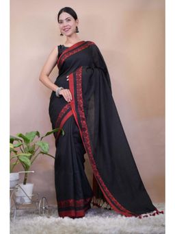 Isadora Life - Womens Solid Tassels Black Pre-Draped Saree With Unstitched Blouse