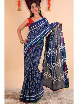 Isadora Life - Womens Printed Tassels Blue Pre-Draped Saree With Unstitched Blouse