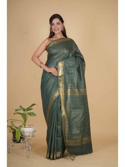 Isadora Life - Womens Checks Zari Green Pre-Draped Saree With Unstitched Blouse