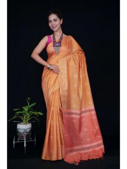 Isadora Life - Womens Woven Tassels Orange Pre-Draped Saree With Unstitched Blouse