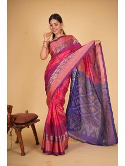 Isadora Life - Womens Woven Ikat Pink Pre-Draped Saree With Unstitched Blouse