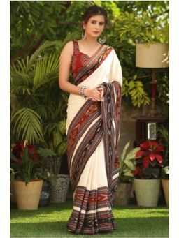 Isadora Life - Womens Printed Off White Pre-Draped Saree With Unstitched Blouse