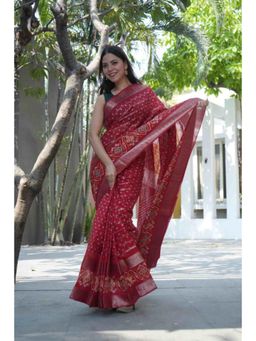 Isadora Life - Womens Bandhani Printed Red Pre-Draped Saree With Unstitched Blouse