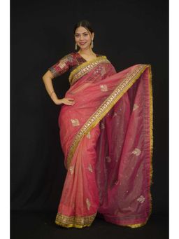 Isadora Life - Womens Embroidered Sequined Pink Pre-Draped Saree With Unstitched Blouse