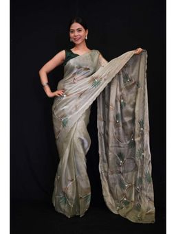Isadora Life - Womens Printed Sequined Green Pre-Draped Saree With Unstitched Blouse