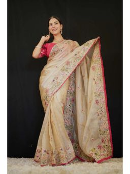 Isadora Life - Womens Embroidered Thread Work Beige Pre-Draped Saree With Unstitched Blouse