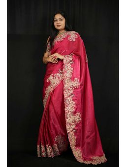 Isadora Life - Womens Embroidered Zari Pink Pre-Draped Saree With Unstitched Blouse