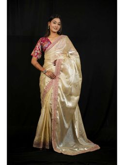 Isadora Life - Womens Embroidered Sequined Ivory Pre-Draped Saree With Unstitched Blouse
