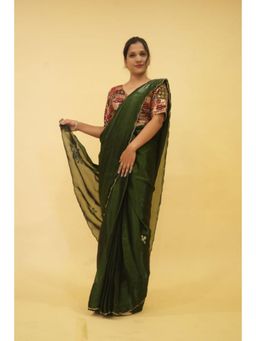 Isadora Life - Womens Embroidered Sequined Green Pre-Draped Saree With Unstitched Blouse