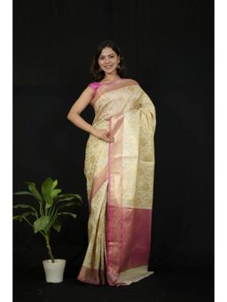 Isadora Life - Womens Woven Zari Ivory Pre-Draped Saree With Unstitched Blouse