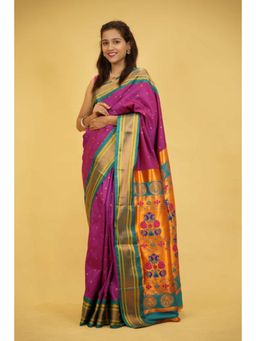 Isadora Life - Womens Woven Zari Purple Pre-Draped Saree With Unstitched Blouse