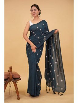 Isadora Life - Womens Embroidered Tassels Teal Pre-Draped Saree With Unstitched Blouse