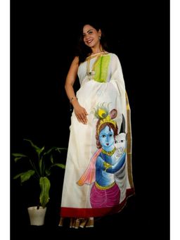 Isadora Life - Womens Zari Printed White Pre-Draped Saree With Unstitched Blouse