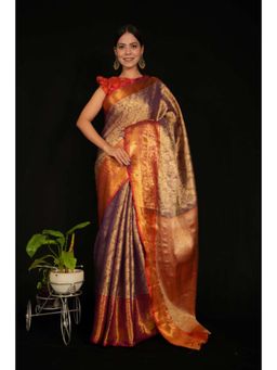 Isadora Life - Womens Floral Zari Gold Pre-Draped Saree With Unstitched Blouse