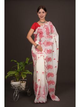 Isadora Life - Womens Paisley Embroidered White Pre-Draped Saree With Unstitched Blouse