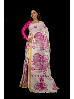 Isadora Life - Womens Printed White Pre-Draped Saree With Unstitched Blouse